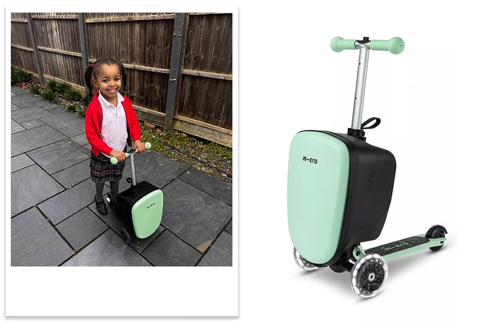 Product shot of Micro scooter suitcase and child on scooter