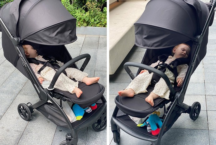 2 pictures of baby asleep on iCandy Pip