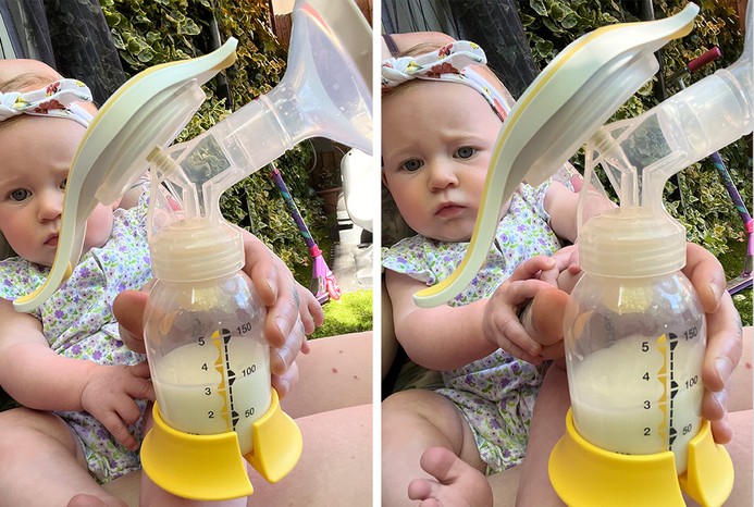 2 pictures of baby holding Medela Harmony Flex Manual Breast pump