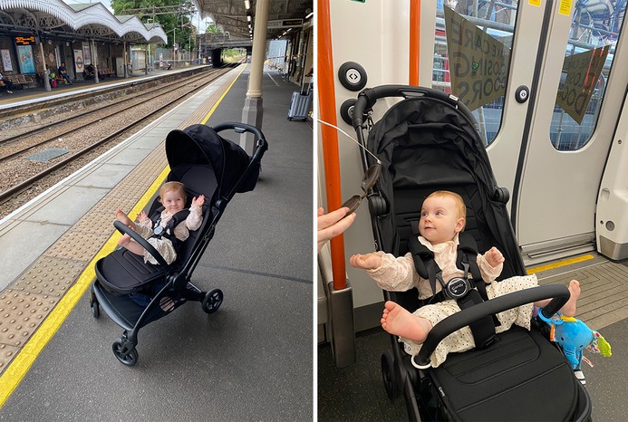 2 pictures of baby in iCandy Pip on train platform and on train 2 pictures of baby in iCandy Pip on train platform and on train