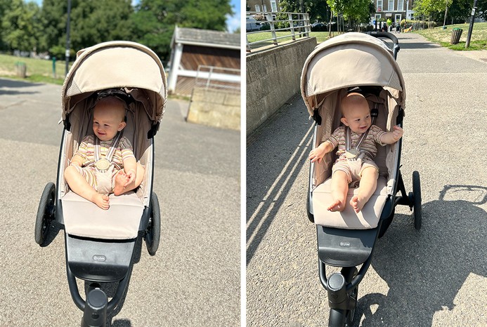 2 pictures of baby sitting in Cybex Avi Spin pushchair 2 pictures of baby sitting in Cybex Avi Spin pushchair