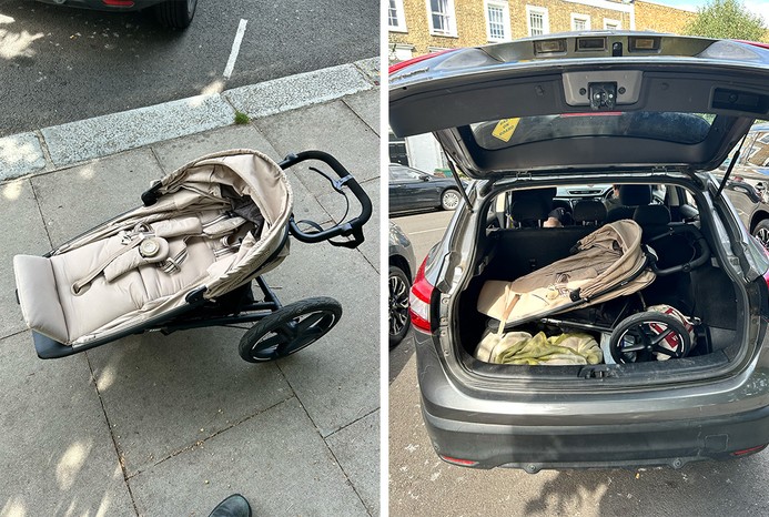 2 pictures of Cybex Avi Spin pushchair folded on pavement and in car boot