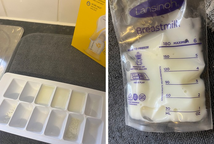 2 pictures of expressed milk in ice cube trays and storage bag 2 pictures of expressed milk in ice cube trays and storage bag