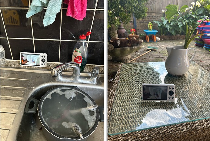 2 pictures of Momcozy 5-Inch Dual-Mode Smart Baby Monitor parent unit next to sink and in garden