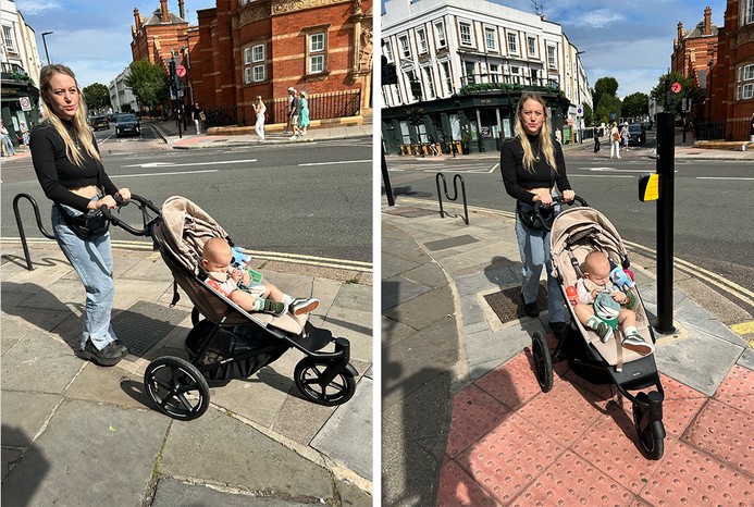 2 pictures of reviewer pushing baby in Cybex Avi Spin pushchair