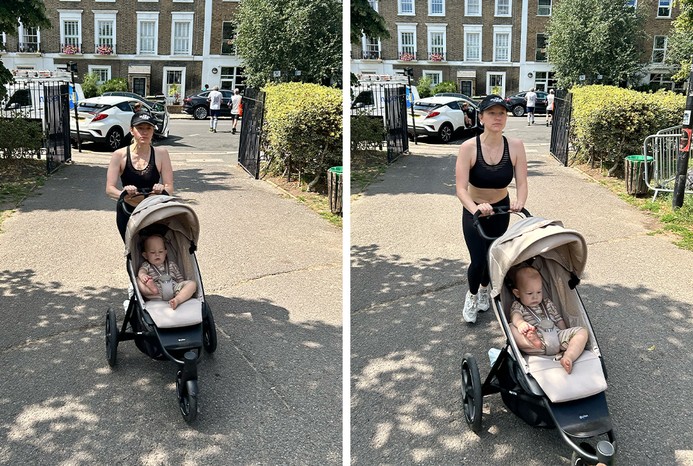 2 pictures of reviewer running with baby in Cybex Avi Spin pushchair