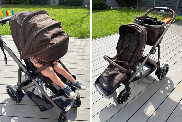 2 pictures of toddler in Cybex e-Gazelle pushchair with hood down and pushchair in single mode with basket 2 pictures of toddler in Cybex e-Gazelle pushchair with hood down and pushchair in single mode with basket