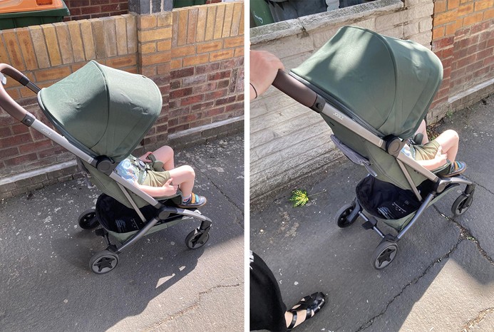 2 pictures of toddler in Joolz Aer2 pushchair