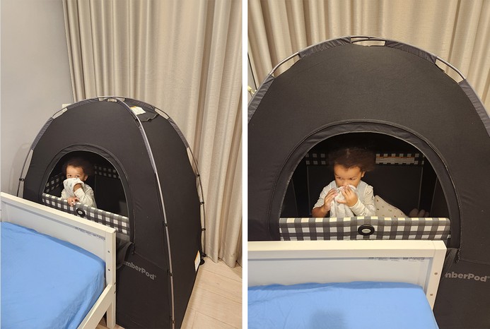 2 pictures of toddler in SlumberPod Blackout Sleep Tent