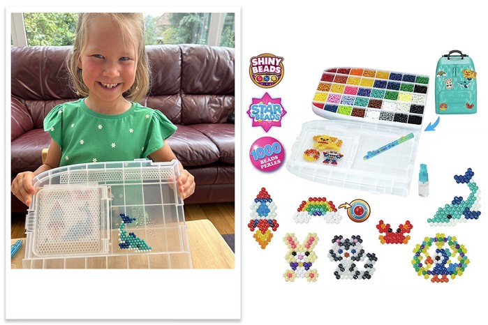 Aquabeads Deluxe Craft Backpack being tested by child Aquabeads Deluxe Craft Backpack being tested by child