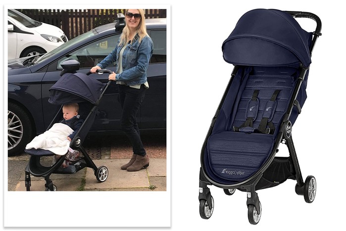 A collage of a woman and small child in the Baby Jogger City Tour 2 single next to a studio shot of the pushchari