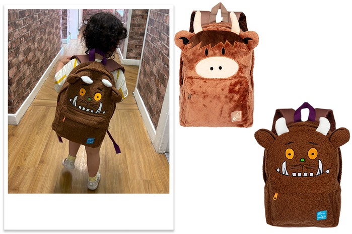 Blade & Rose backpack product shots and tester picture of chidl wearing Gruafflo backpack