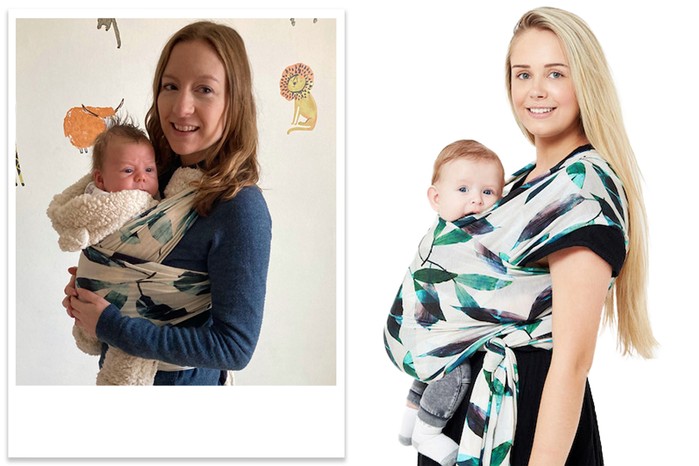 Freerider Co. Eucalyptus Baby Sling A collage of two different women wearing the Freerider Co. Eucalyptus Baby Sling