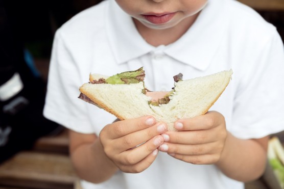 a schoolboy in a white polo and glasses biting his sandwich at recess