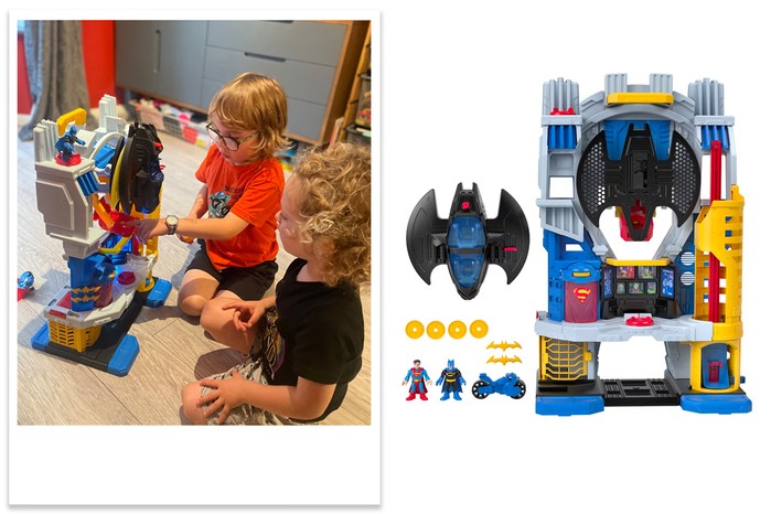 Imaginext DC super friends ultimate HQ being tested by children