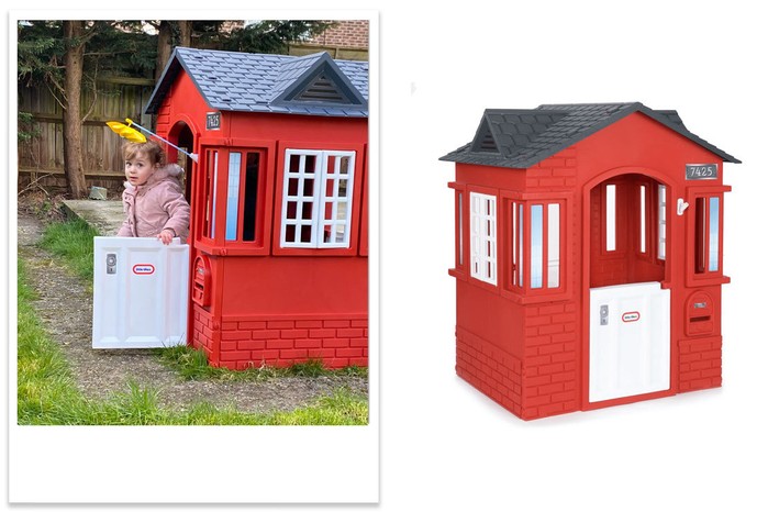 Little Tikes Cape cottage A collage of the Little Tikes Cape cottage outside in a garden with a child inside it next to a studio shot of the product