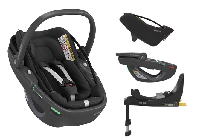 Maxi Cosi Coral 360 product shots showing modular system with carrier and base