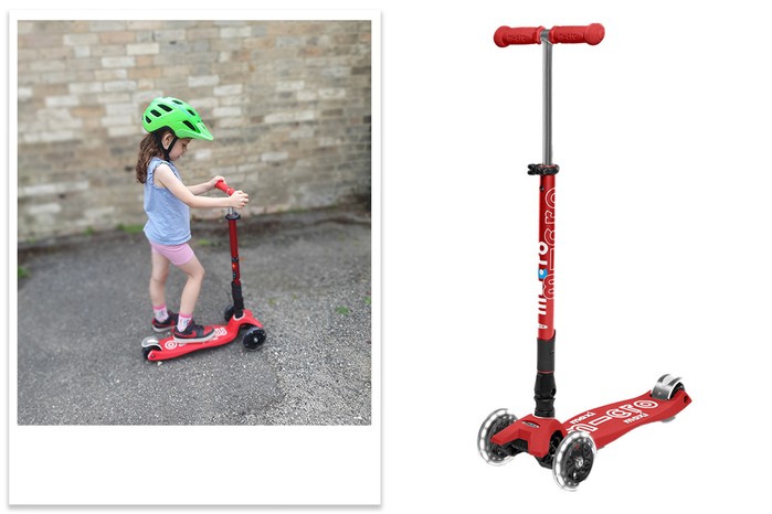 Maxi Micro Deluxe Foldable LED Scooter being tested by child Maxi Micro Deluxe Foldable LED Scooter being tested by child