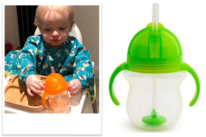 munchkin-weighted-straw-cup-tested-with-a-toddler Munchkin weighted straw cup being tested by a toddler