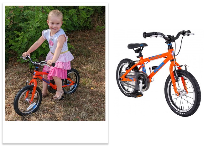 Squish 14 Donner Thrower Mia-Susannah 1312 AGE 4 Squish 14 bike with child tester Mia Susannah