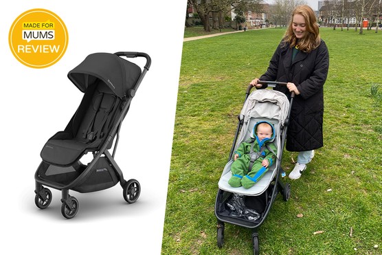 UPPAbaby MINU V3 pushchair review showing product shot and reviewer pushing baby in the buggy on grass