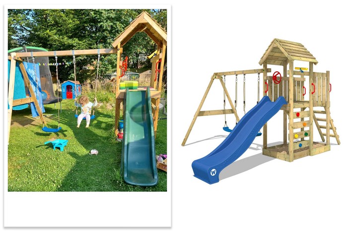 A collage of Wickey Multiflyer outside in the garden with kids playing on it alongside the studio shot of the product