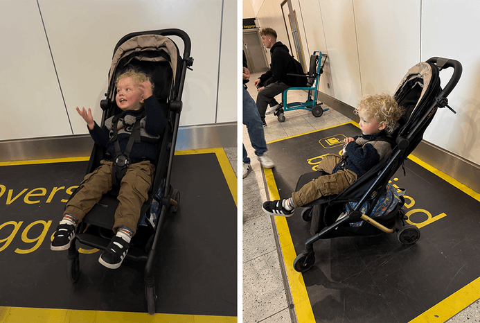 2 pictures of 2 year old in Kinderkraft PILOT 2 stroller