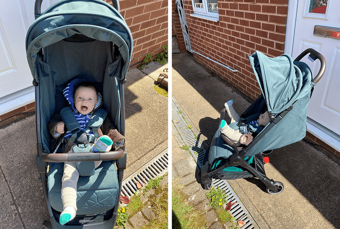2 pictures of baby in Silver Cross Clic 2 pushchair