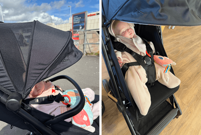 2 pictures of baby sleeping in Kinderkraft PILOT 2 stroller