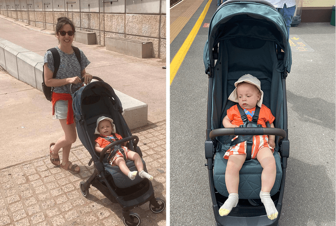 2 pictures of reviewer with Silver Cross Clic 2 pushchair and close-up of baby lying down