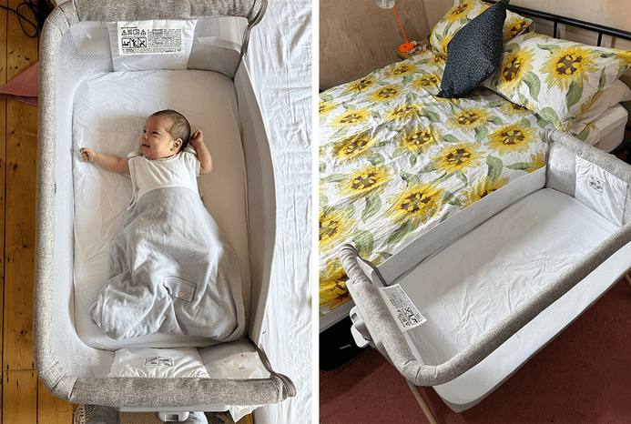 Baby lying in Chicco Armonia Next2Me bedside crib and crib attached to bed