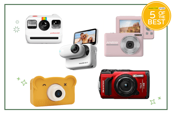 Best cameras for kids hero image featuring the Polaroid Go (Generation 2) Instant Camera, Hoppstar Rookie Digital Camera, Insta360 Go 3, Andoer Digital Camera, OM System Tough TG-7