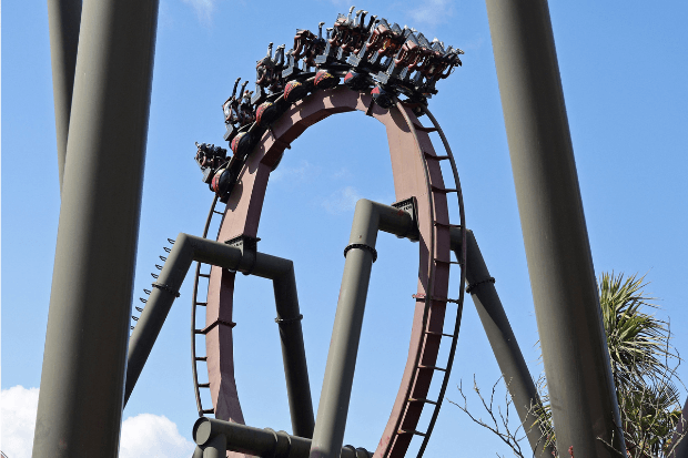 Members of the public enjoy the Nemesis Inferno rollercoaster ride at Thorpe Park