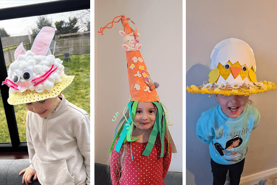 3 children wearing their homemade Easter bonnets