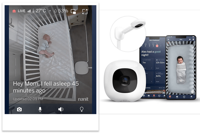 composite image of a nanit pro baby monitor app in use and the product image
